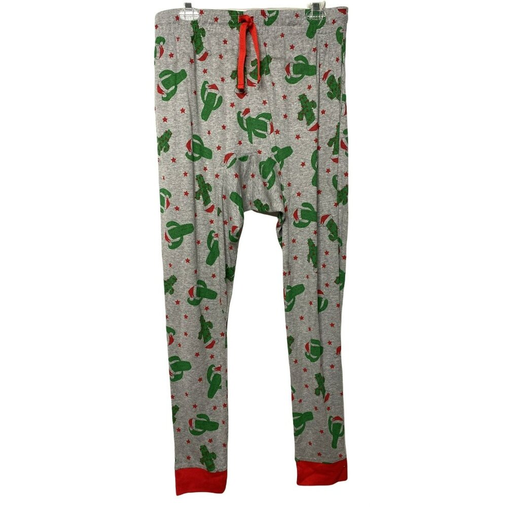 Womens Christmas Pajama Bottoms Gray Sz M Drawstring Waist Cactus Santa Hat NEW
